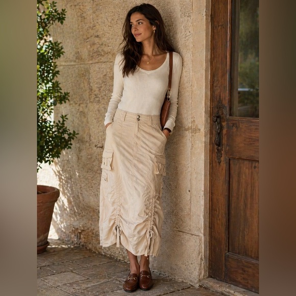Deane & White Dresses & Skirts - Y2K Utility Cargo Midi Skirt Cream Cotton Ruched Hem Deane White Sz 4
